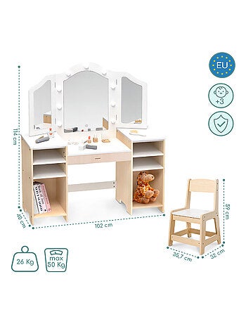 Mamabrum houten kaptafel voor kinderen met stoel, accessoires en led-verlichting