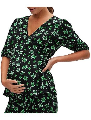 Mamalicious linor zwangerschapsblouse groen/zwart linnen voor dames