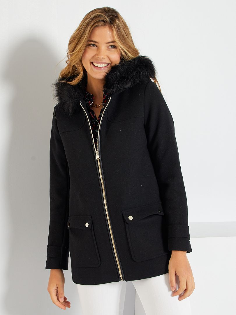 Manteau à capuche en lainage noir - Kiabi
