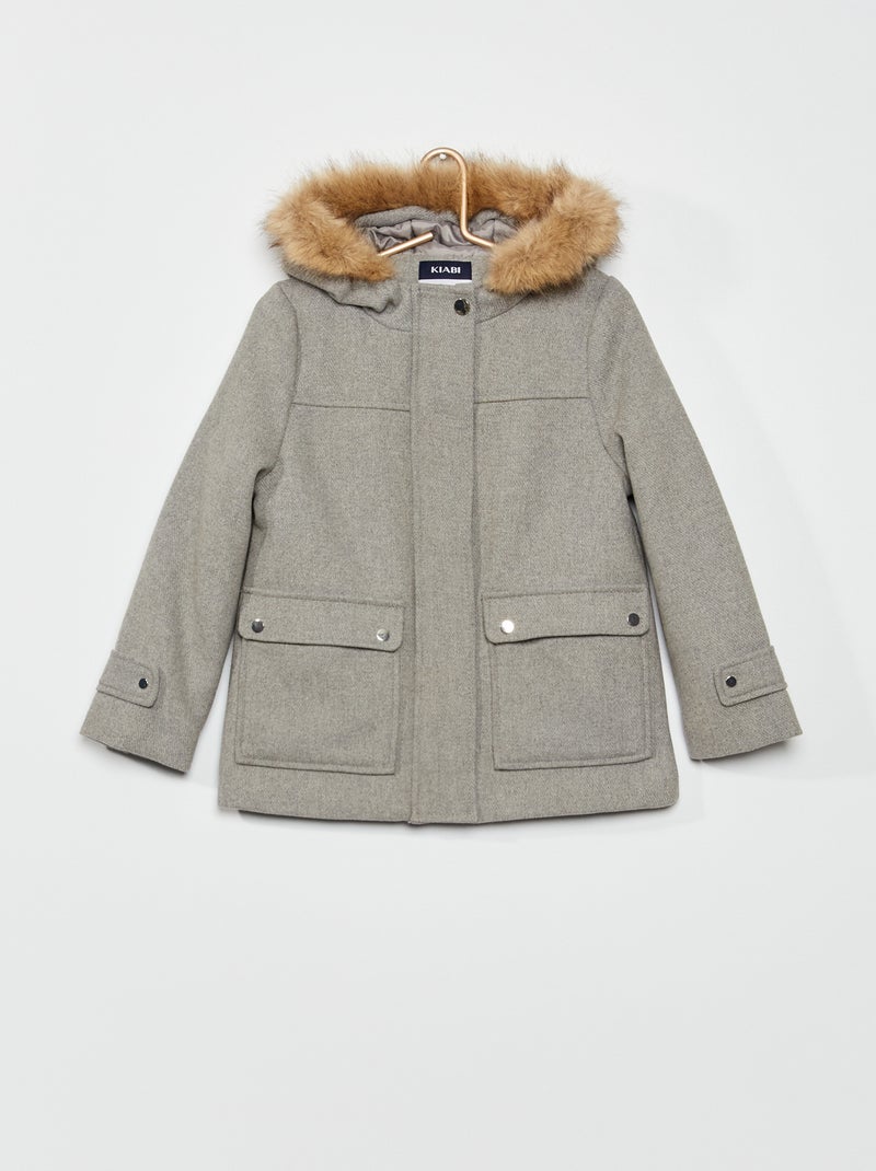 Manteau avec capuche en fausse fourrure Gris - Kiabi