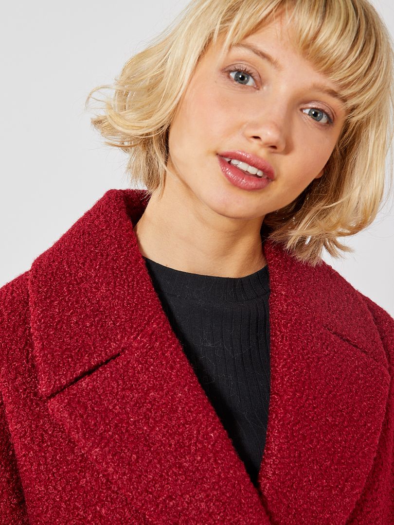 Manteau long femme double boutonnage bordeaux avec col à revers