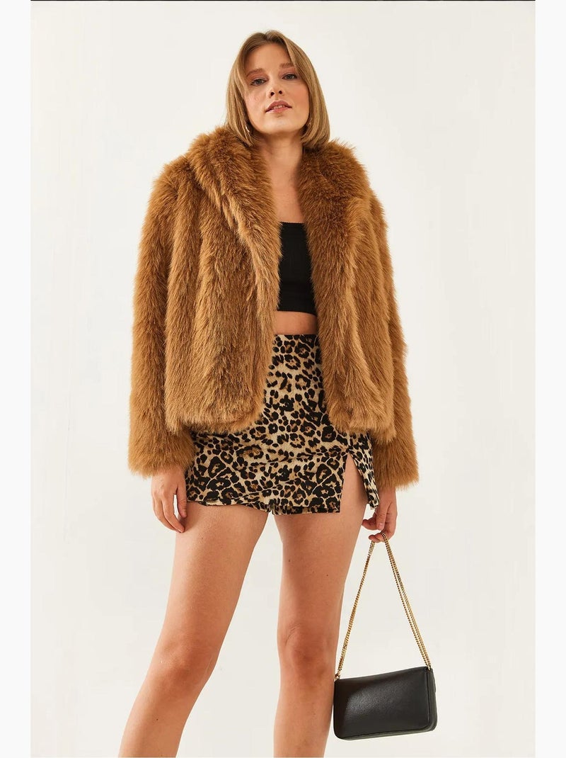 Manteau court à col ouvert en fausse fourrure lucci Camel - Kiabi