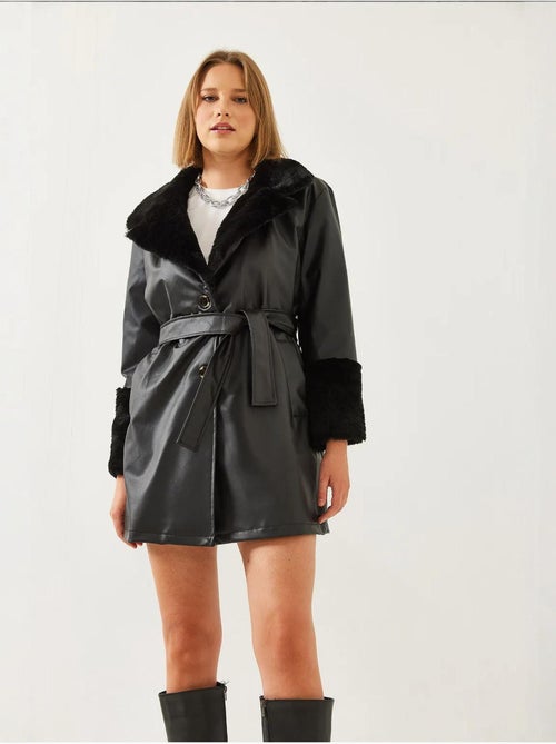 Manteau court en cuir doublé de fourrure lucci - Kiabi