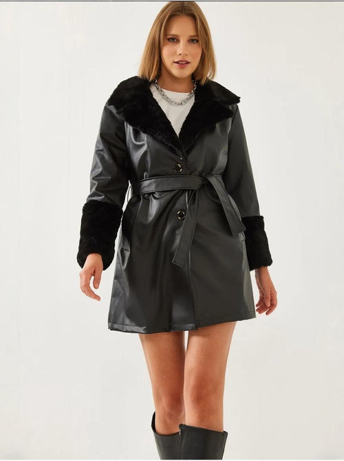 Manteau court en cuir doublé de fourrure lucci - Kiabi