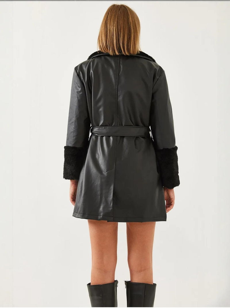 Manteau court en cuir doublé de fourrure lucci Noir - Kiabi