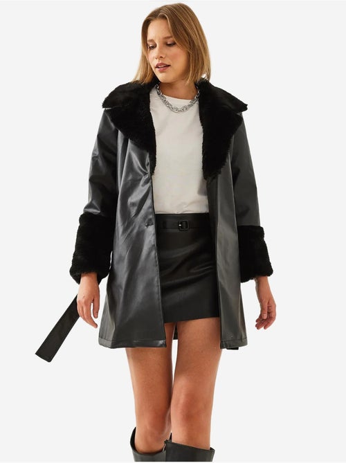 Manteau court en cuir doublé de fourrure lucci - Kiabi