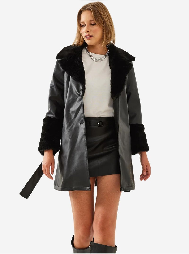 Manteau court en cuir doublé de fourrure lucci Noir - Kiabi
