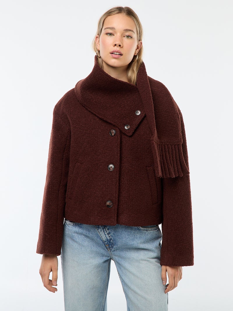 Manteau court en laine avec une écharpe amovible Marron Femme
