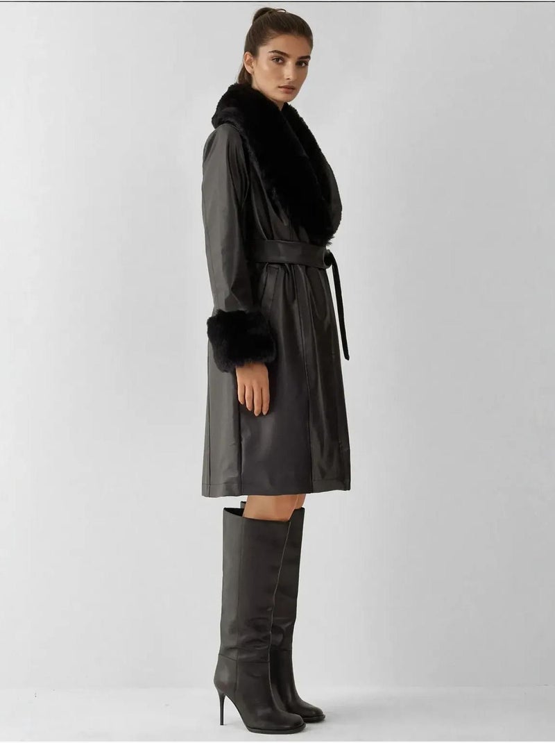 Manteau en cuir et fausse fourrure bdart Noir - Kiabi