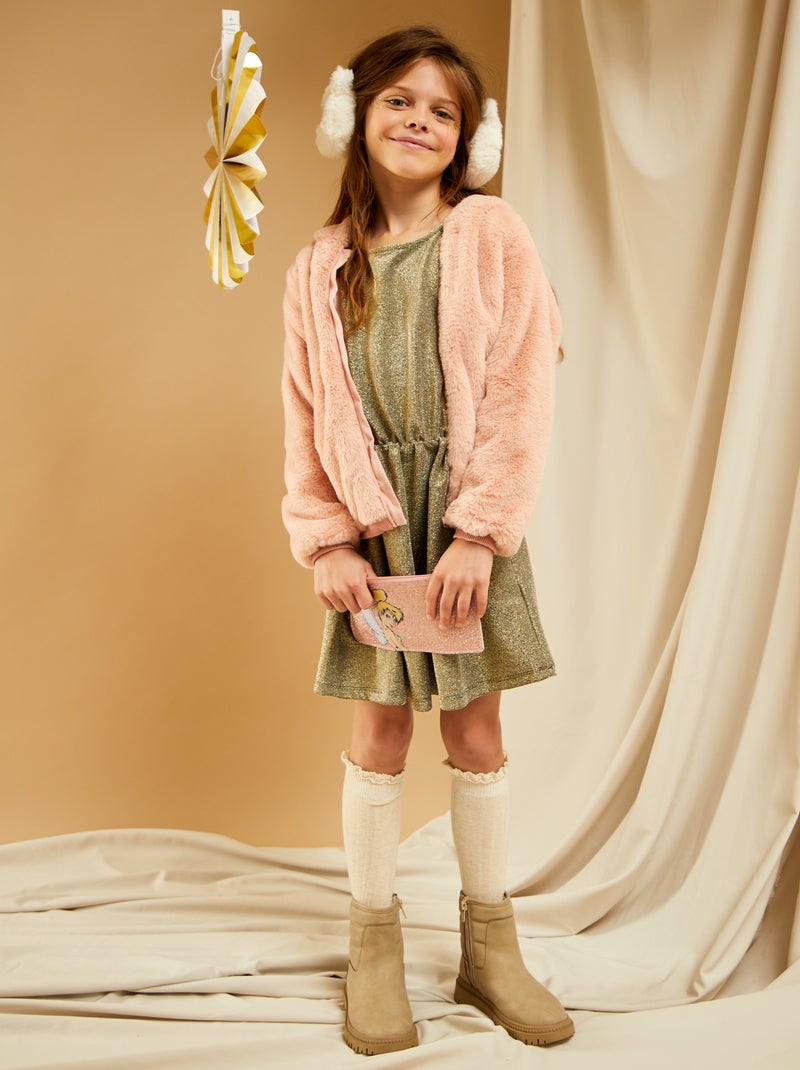 Manteau en maille peluche avec capuche Rose - Kiabi