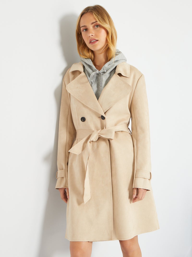 Manteau en suédine avec ceinture beige - Kiabi