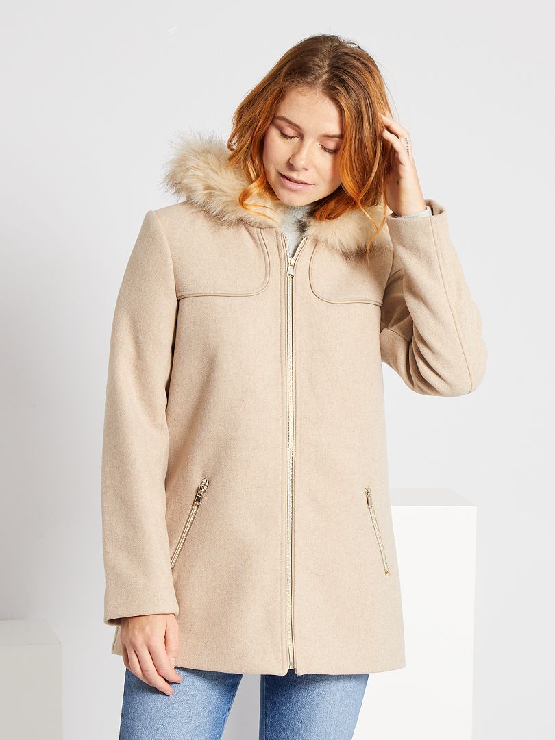 Manteau lainage à capuche beige - Kiabi