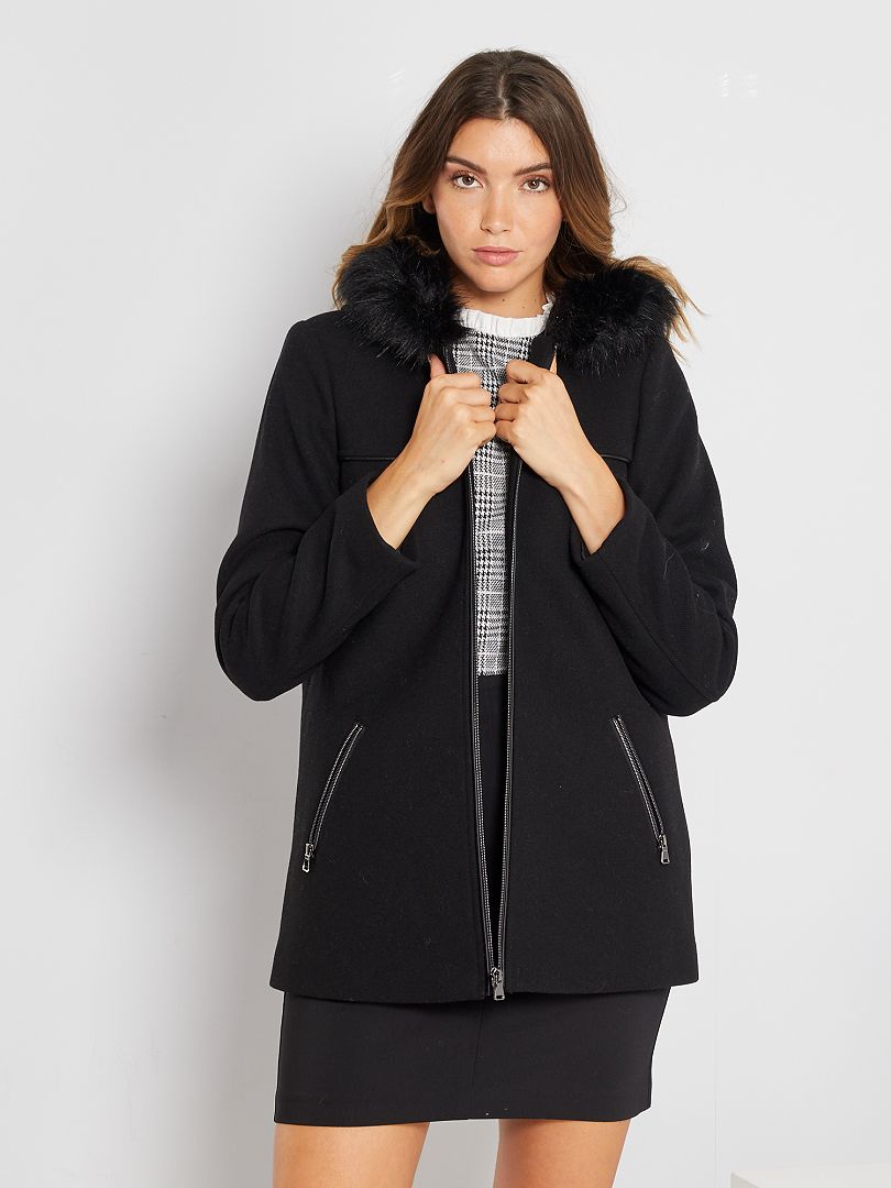 Manteau lainage à capuche noir - Kiabi