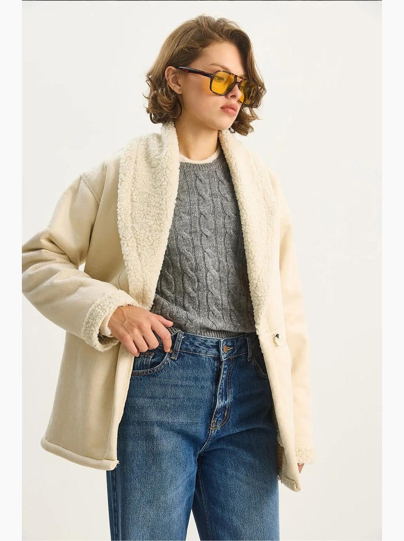 Manteau long boutonné en fausse fourrure lucci Crème - Kiabi