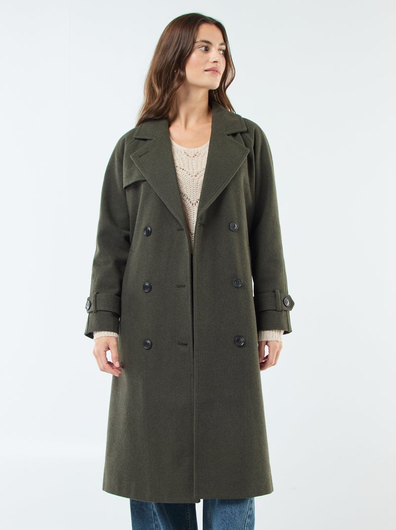 Manteau long chaud à ceinture Kaki - Kiabi