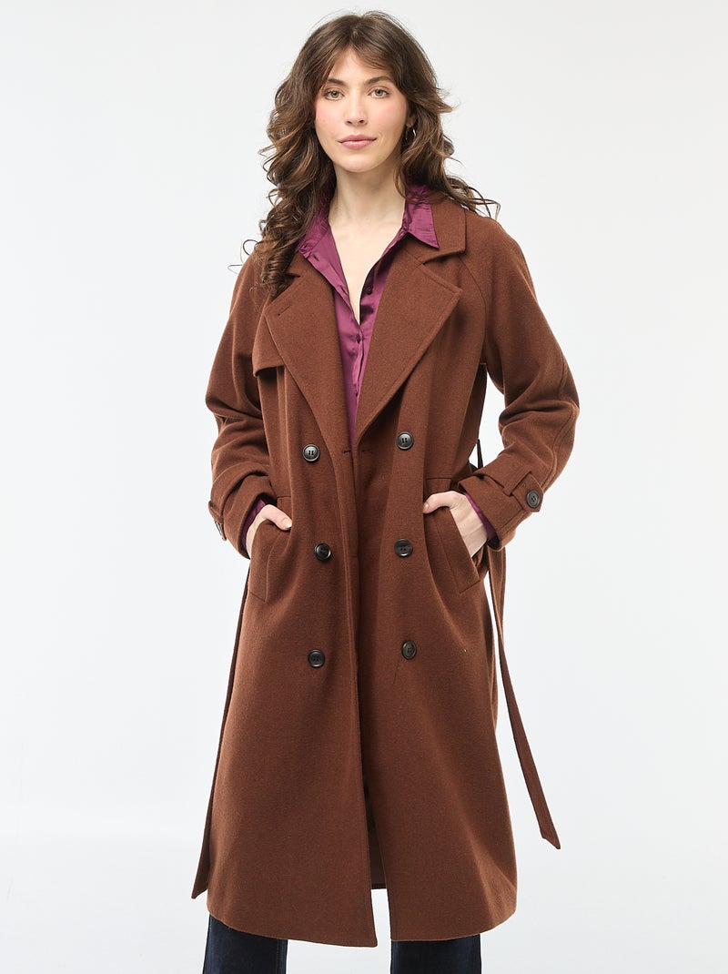 Manteau long chaud à ceinture Marron - Kiabi