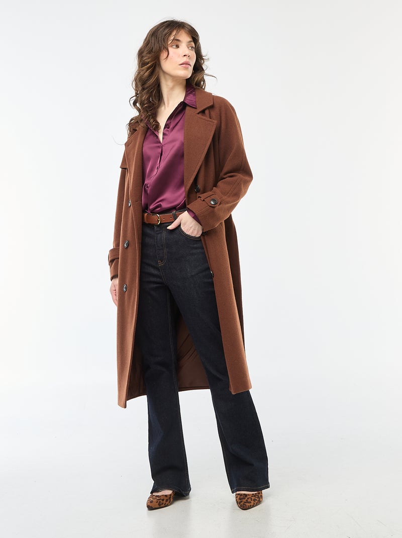 Manteau long chaud à ceinture Marron - Kiabi