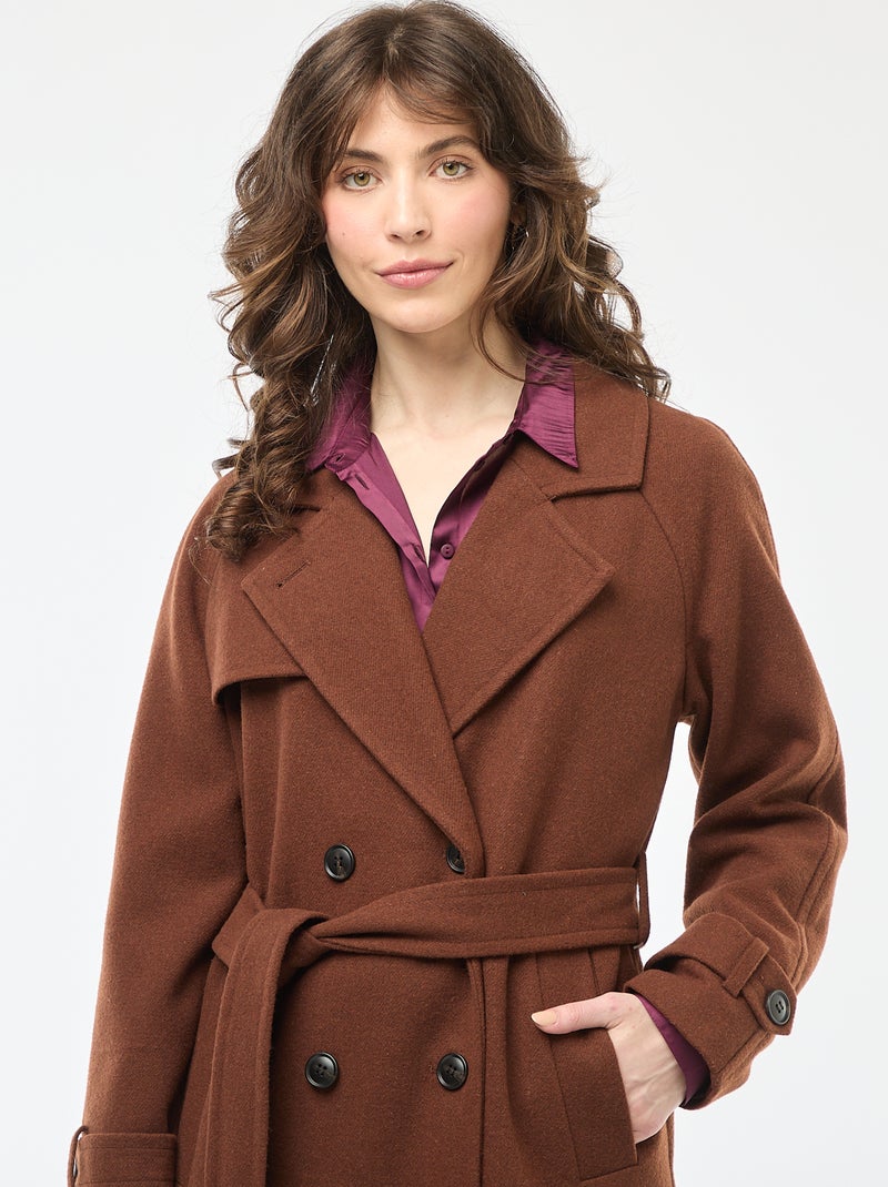 Manteau long chaud à ceinture Marron - Kiabi
