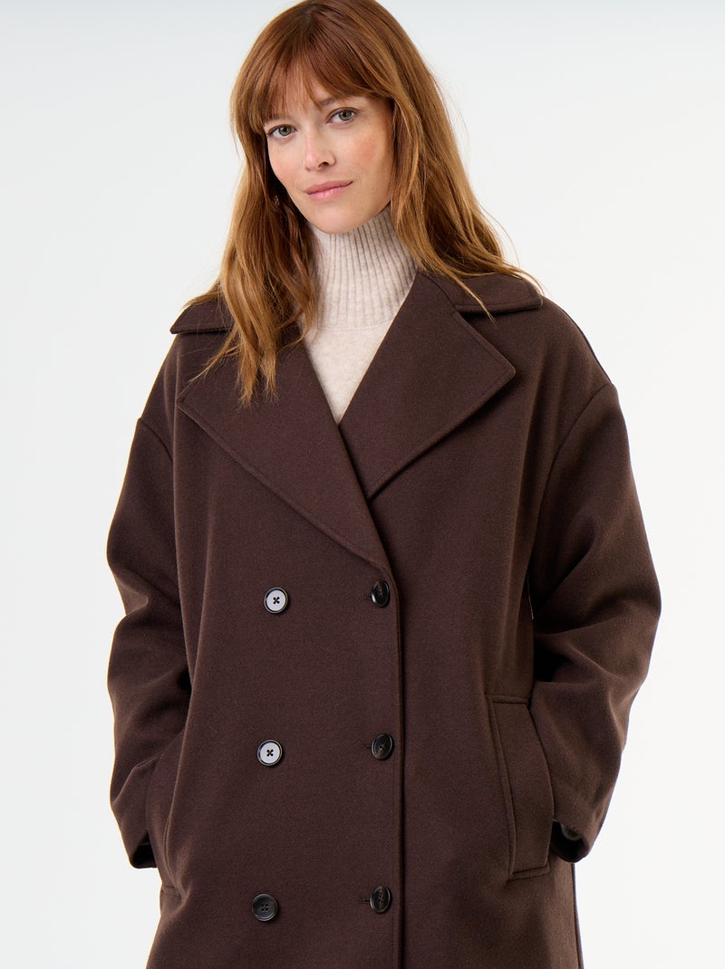 Manteau long effet lainage à col tailleur Marron - Kiabi