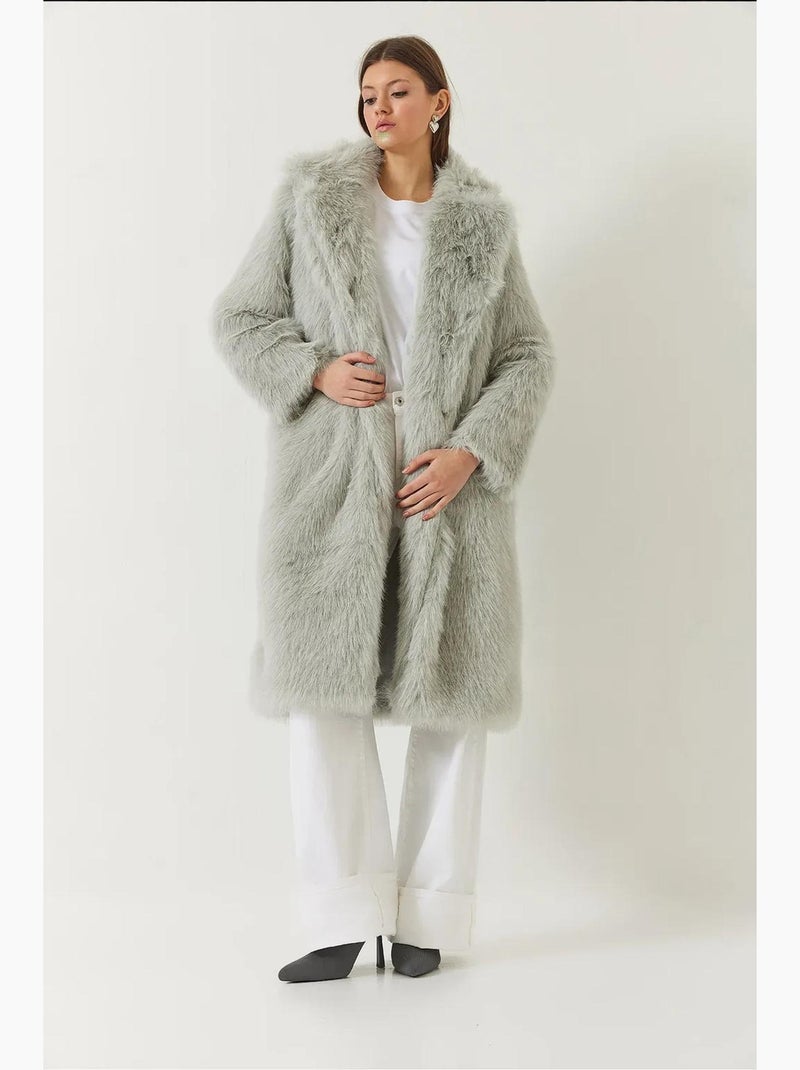 Manteau long en fausse fourrure à col châle lucci Gris perle - Kiabi
