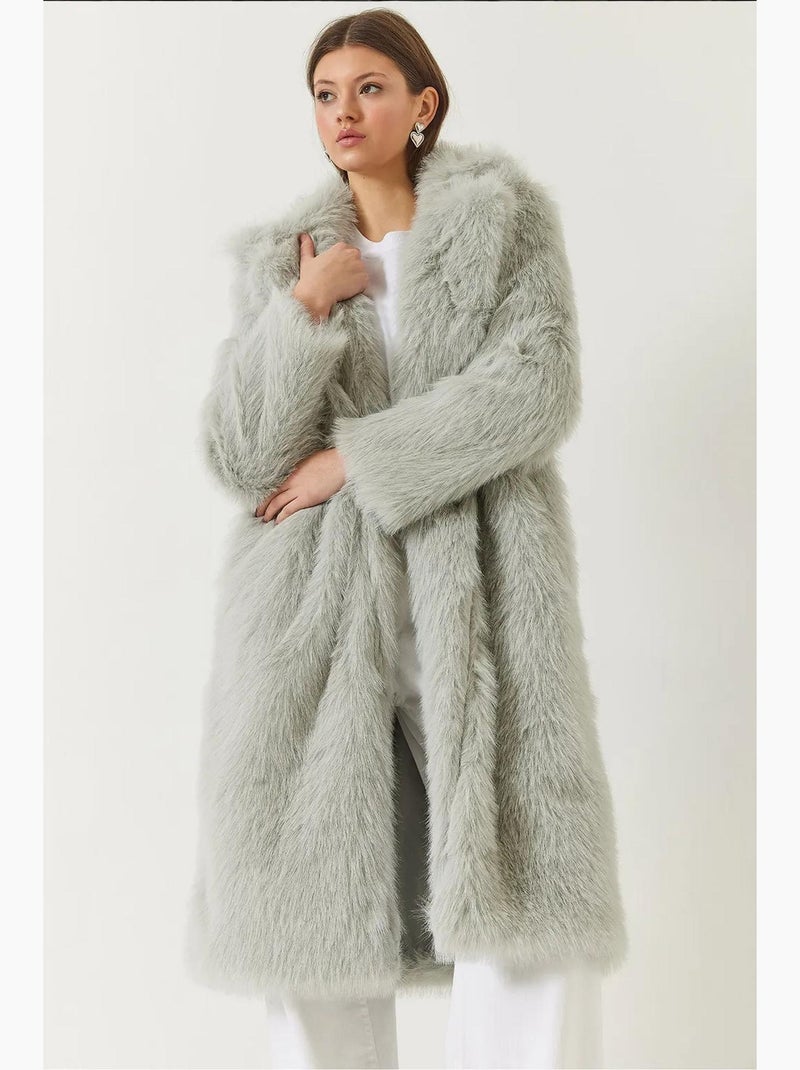 Manteau long en fausse fourrure à col châle lucci Gris perle - Kiabi