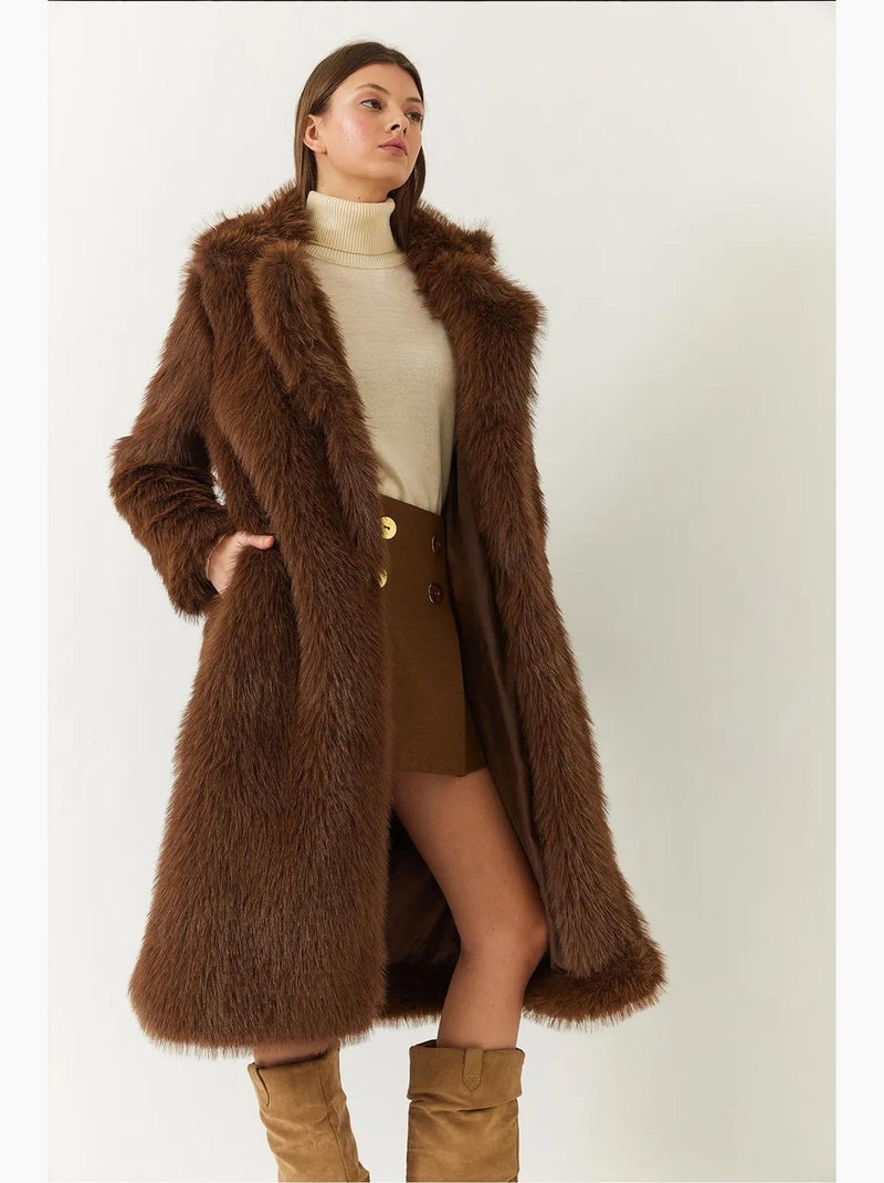 Manteau long en fausse fourrure à col châle lucci Marron - Kiabi