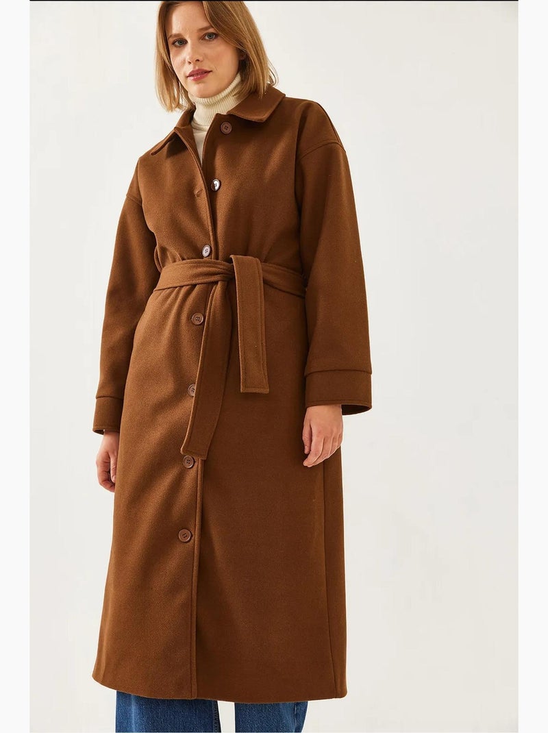 Manteau long en laine ceinturé lucci Marron chocolat - Kiabi