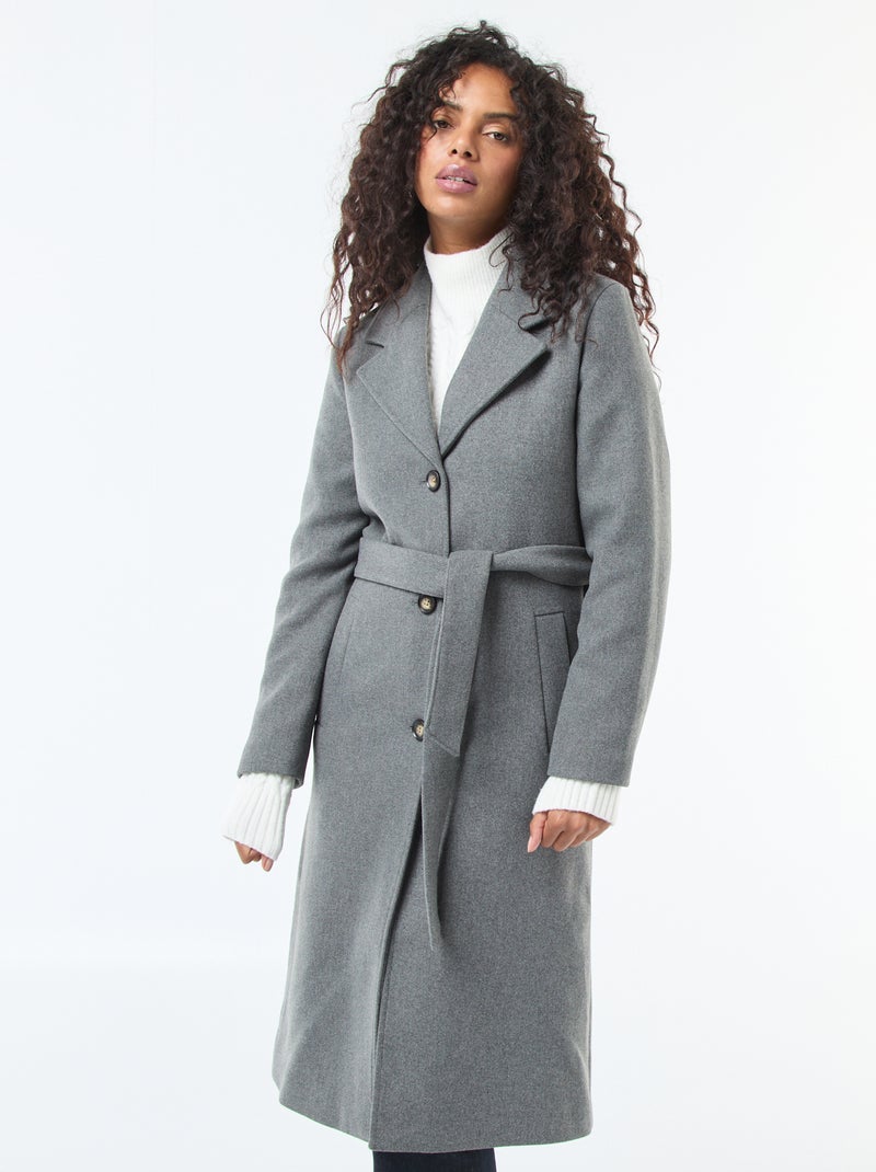 Manteau long façon lainage avec ceinture Gris - Kiabi