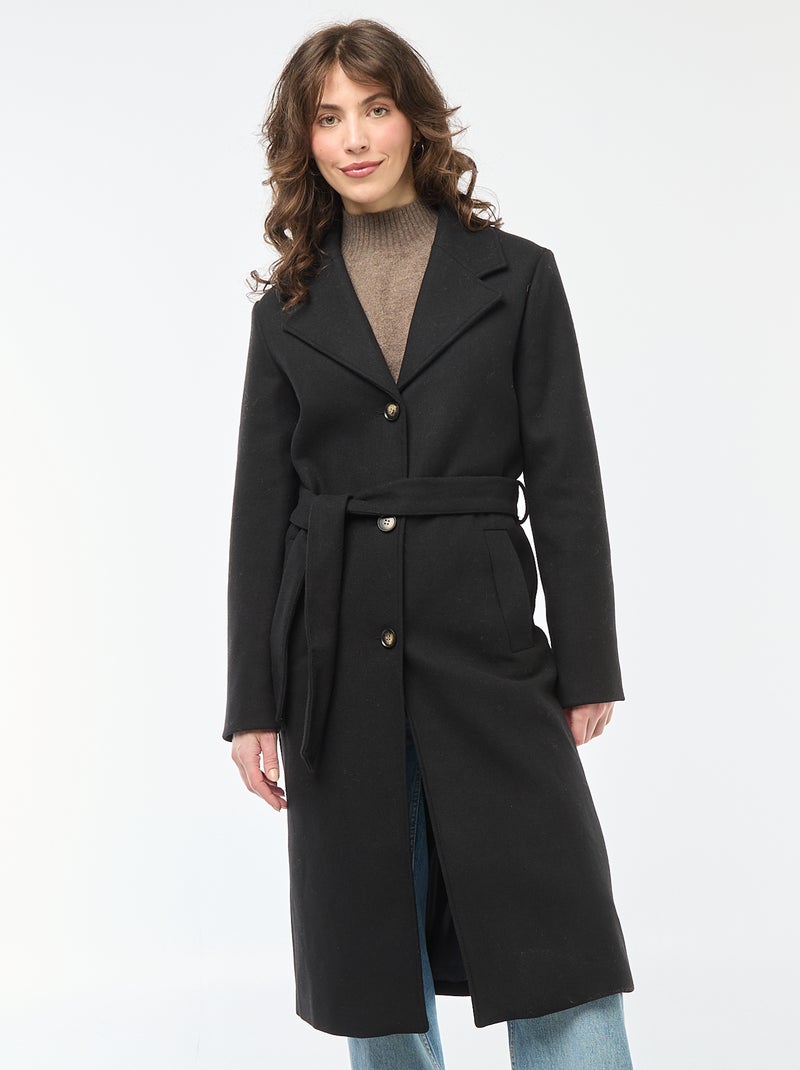 Manteau long façon lainage avec ceinture Noir - Kiabi