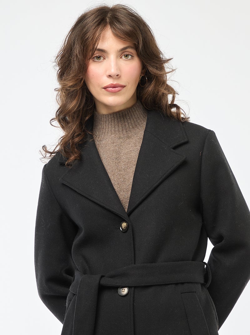 Manteau long façon lainage avec ceinture Noir - Kiabi