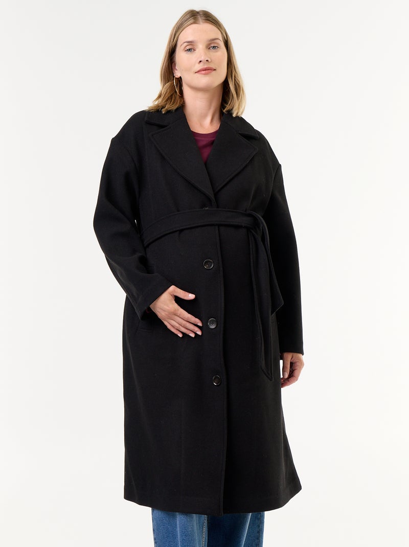 Manteau long faux lainage col tailleur Noir - Kiabi
