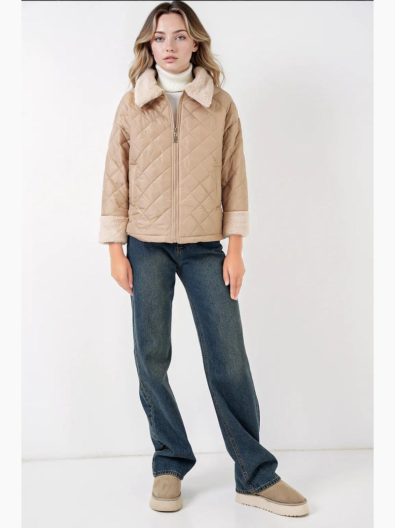 Manteau matelassé avec détails en fausse fourrure bdart Beige argile - Kiabi