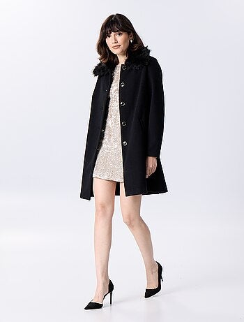Manteau mi-long en faux lainage avec col en fausse fourrure