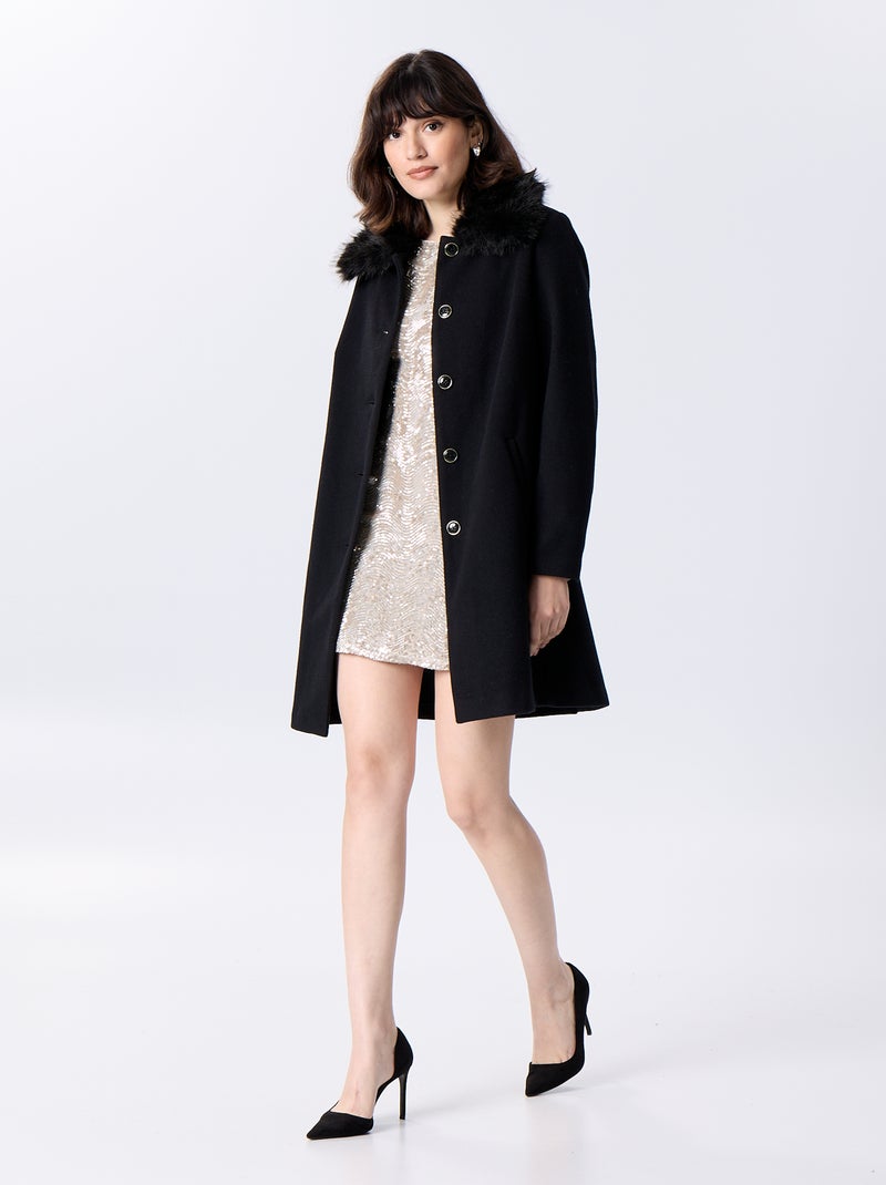 Manteau mi-long en faux lainage avec col en fausse fourrure Noir - Kiabi