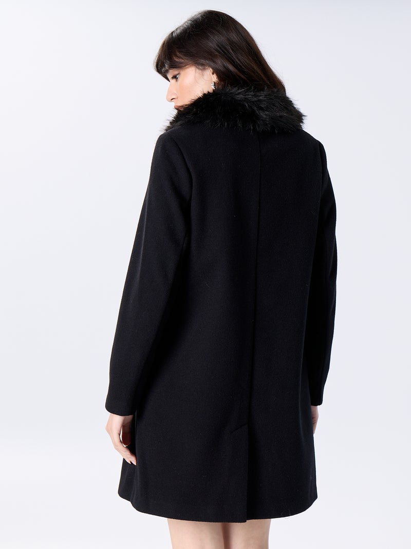 Manteau mi-long en faux lainage avec col en fausse fourrure Noir - Kiabi