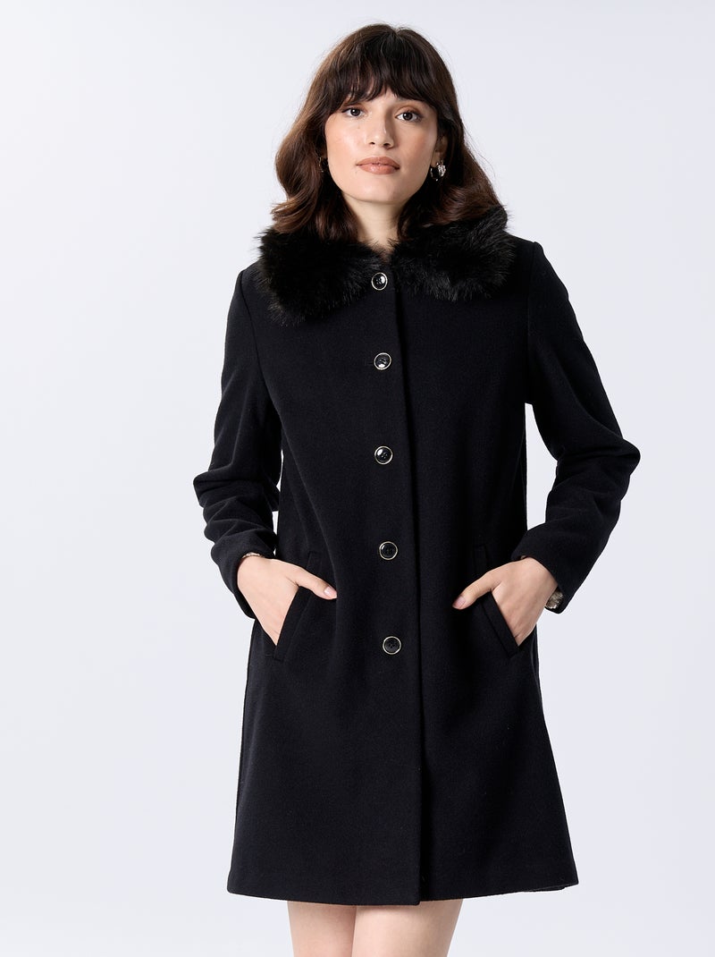 Manteau mi-long en faux lainage avec col en fausse fourrure Noir - Kiabi