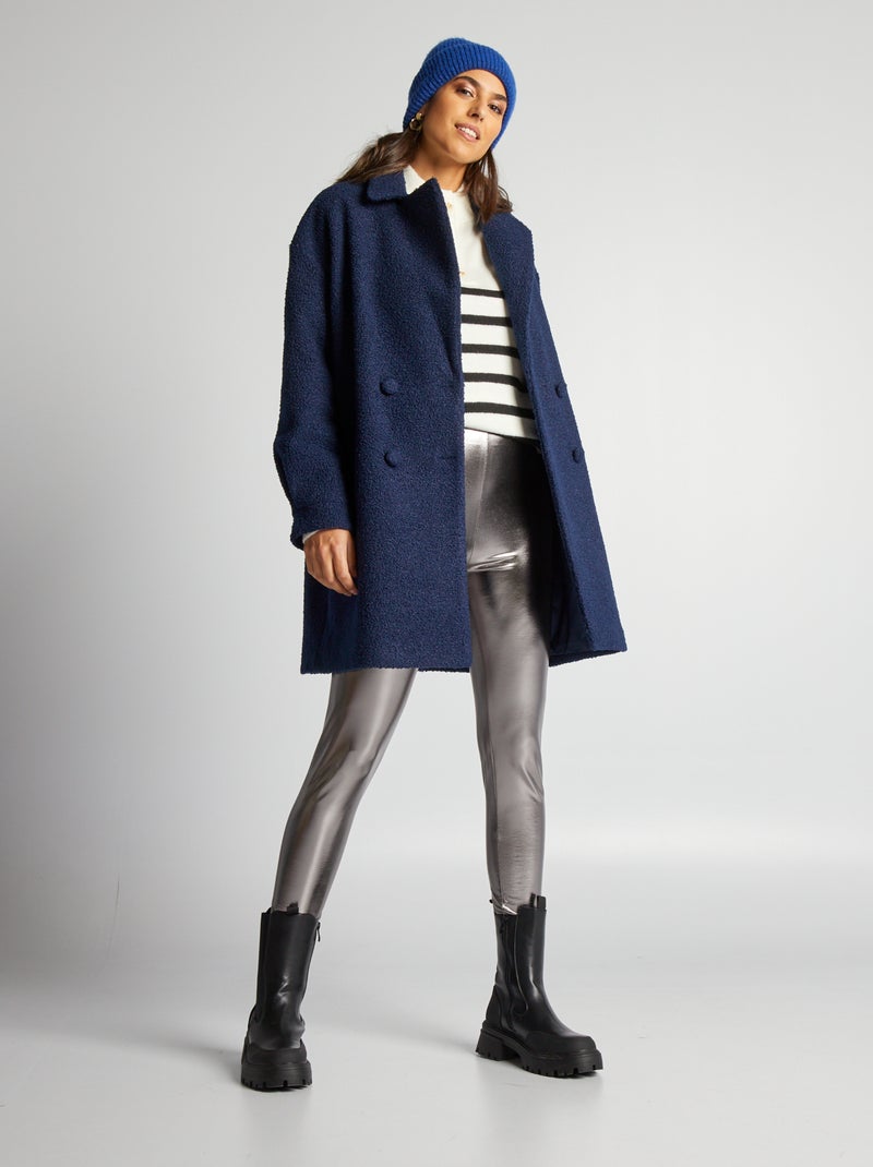 Manteau mi-long en maille bouclette Bleu nuit - Kiabi