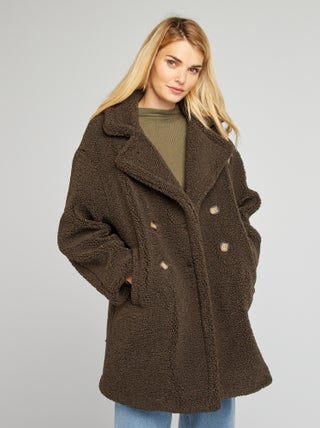 Manteau mi-long forme caban effet moutonné