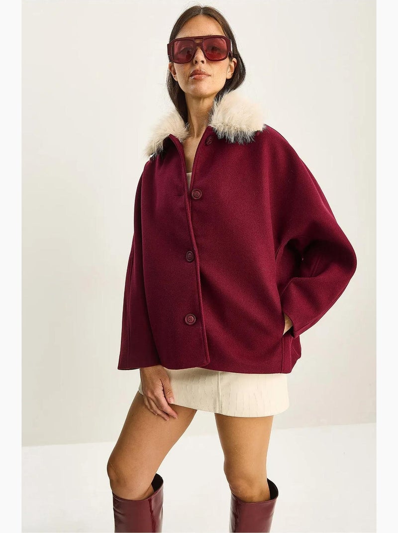Manteau oversize en peluche avec col en fourrure lucci Rouge bordeaux - Kiabi