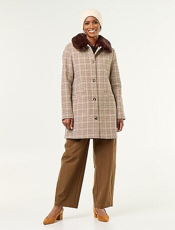 Manteau pied de poule avec col en fausse fourrure