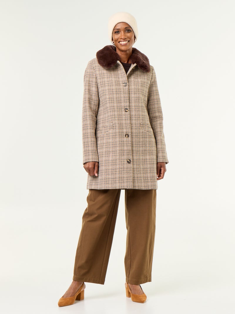 Manteau pied de poule avec col en fausse fourrure Marron - Kiabi
