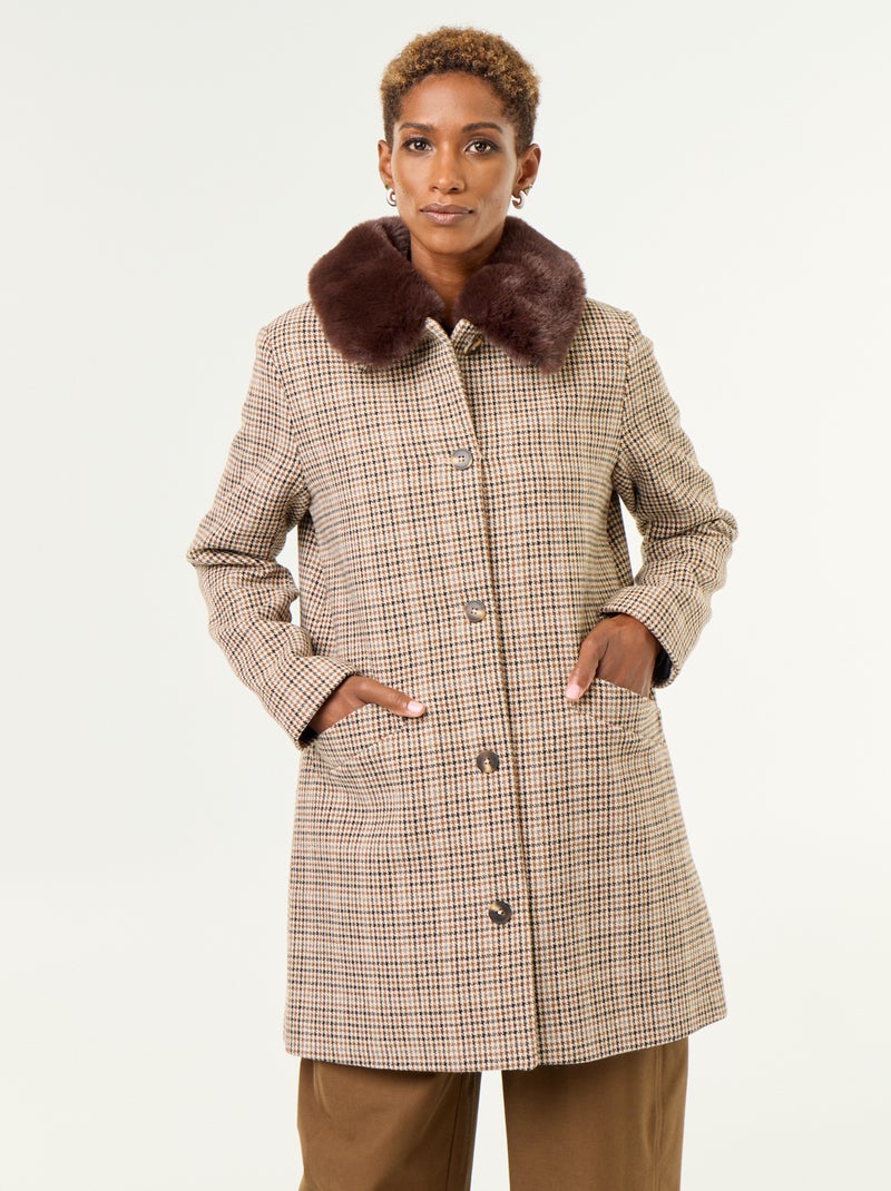 Manteau pied de poule avec col en fausse fourrure Marron - Kiabi