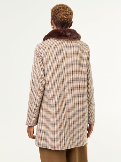 Manteau pied de poule avec col en fausse fourrure - Kiabi
