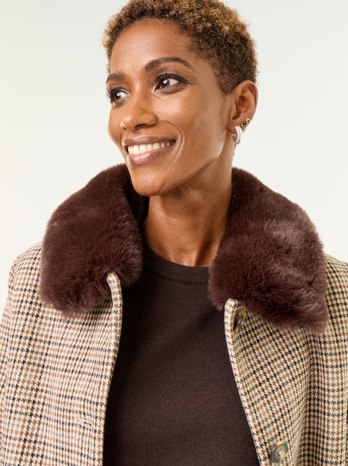 Manteau pied de poule avec col en fausse fourrure - Kiabi