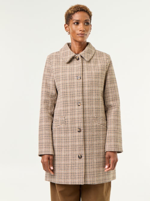 Manteau pied de poule avec col en fausse fourrure - Kiabi