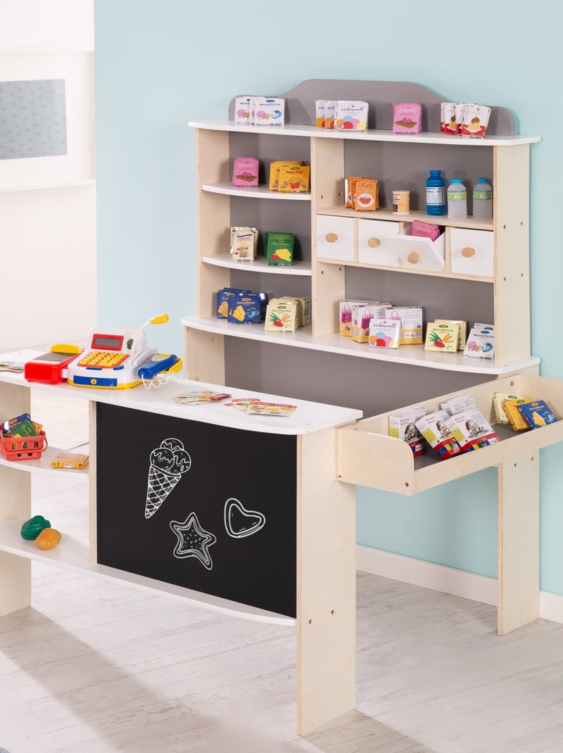 Marchande enfant en bois avec comptoir étagères et tableau noir ROBA Blanc Gris - Kiabi