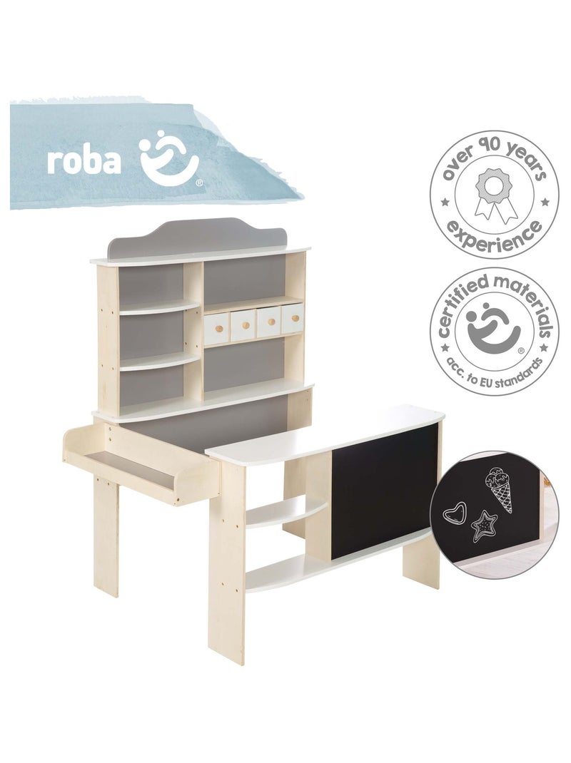 Marchande enfant en bois avec comptoir étagères et tableau noir ROBA Blanc Gris - Kiabi