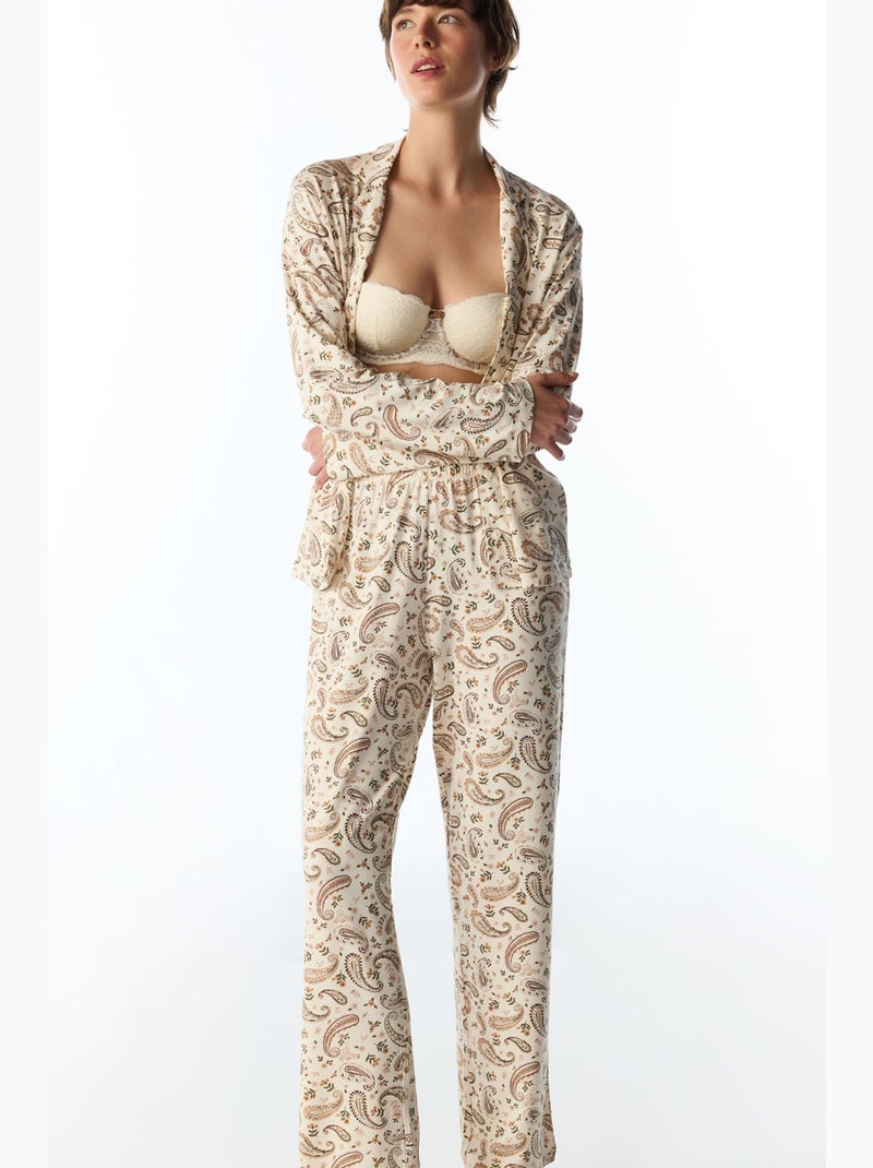 Margot pyjamaset met print en sjaalmotief, lange mouwen, overhemd en broek penti Crème - Kiabi