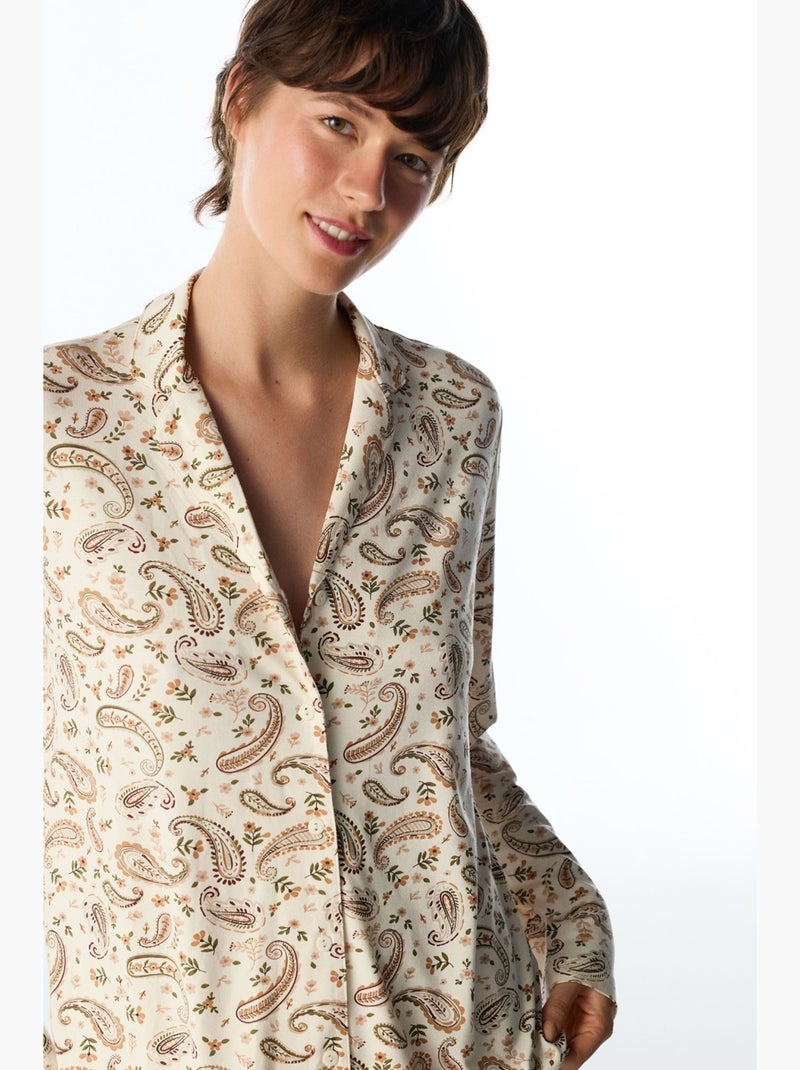 Margot pyjamaset met print en sjaalmotief, lange mouwen, overhemd en broek penti Crème - Kiabi