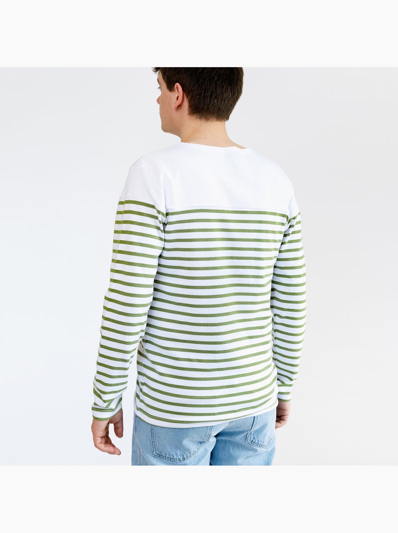 Marinière 'Breizh Océan', T-Shirt rayé Manches Longues, épais en Coton Bio - Mixte, Homme ou Femme Blanc/Kaki - Kiabi